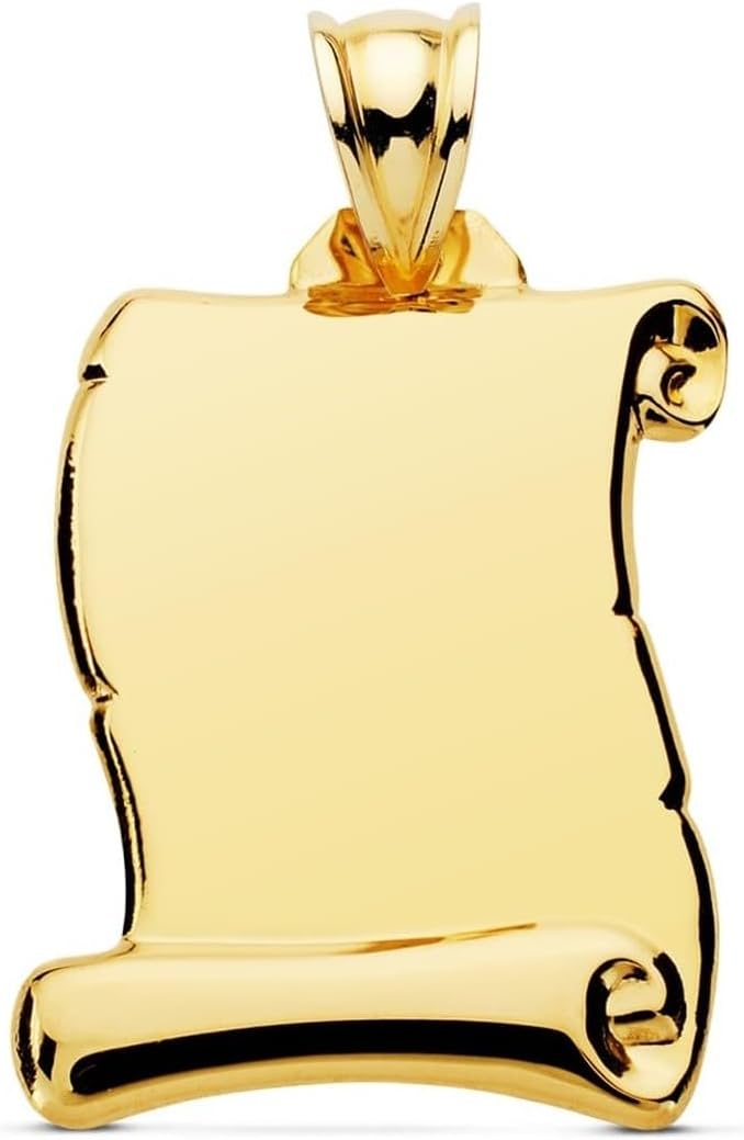 Colgante pergamino personalizable - Oro amarillo de 9 quilates - Medidas de 30 x 25 mm y peso de 2,1 g - Grabado incluido con estuche-Cozygetbay
