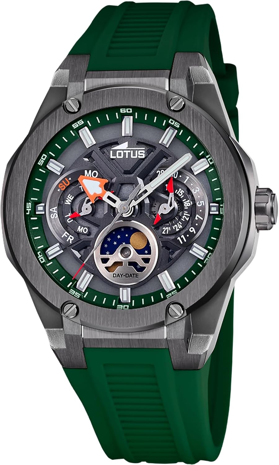 Reloj Lotus Vortex 18946-5 para hombre - Multifunción con fase lunar y calendario - Correa de caucho verde - Cuarzo y resistencia al agua 10 ATM-Cozygetbay