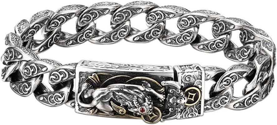 Pulsera LYGXWJFC Brave de plata de ley S925 - Diseño punk retro para hombre - Largo de 20 cm - Joyería personalizada en color plata-Cozygetbay