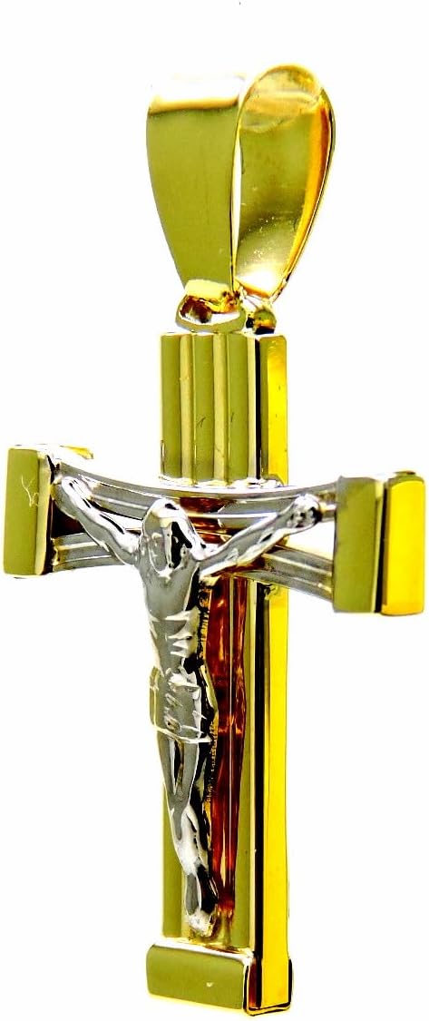 Colgante cruz bicolor con Cristo - Oro amarillo y blanco de 18 quilates - Altura de 33 mm - Crucifijo unisex de producción italiana con caja-Cozygetbay