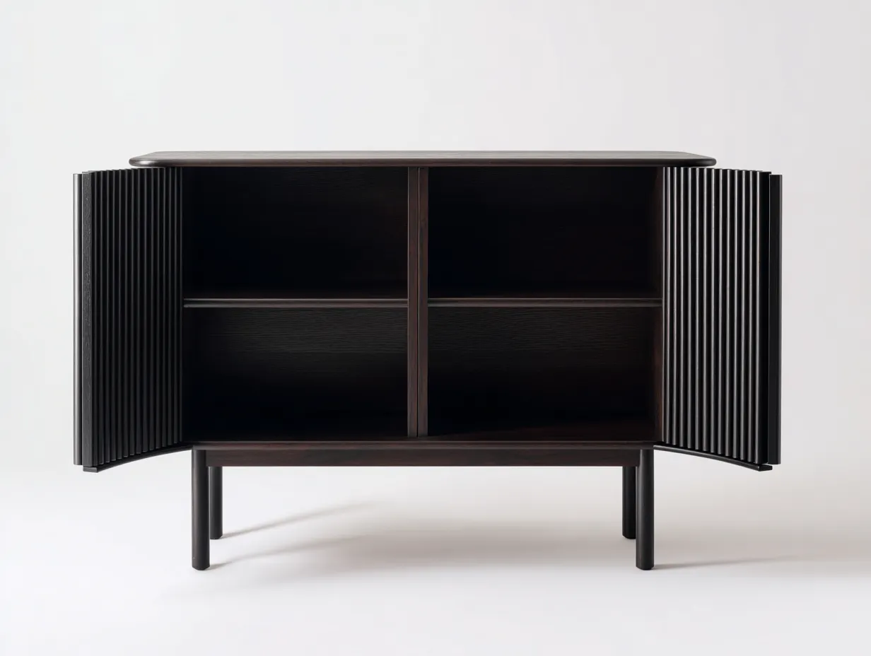 Armario 120x42x86 cm - madera oscura acanalada - negro - para salón - con 2 puertas y estante central