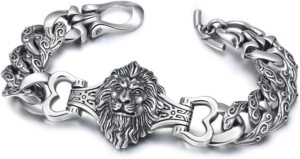 Pulsera LYGXWJFC de plata de ley S925 - Cabeza de león vintage para hombre - Cadena plateada de 20 cm - Diseño masculino de estilo dominante-Cozygetbay