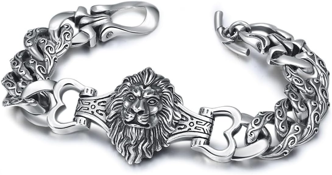 Pulsera LYGXWJFC de plata de ley S925 - Cabeza de león gótica para hombre - Diseño retro dominante - Joyería masculina de estilo europeo y americano-Cozygetbay