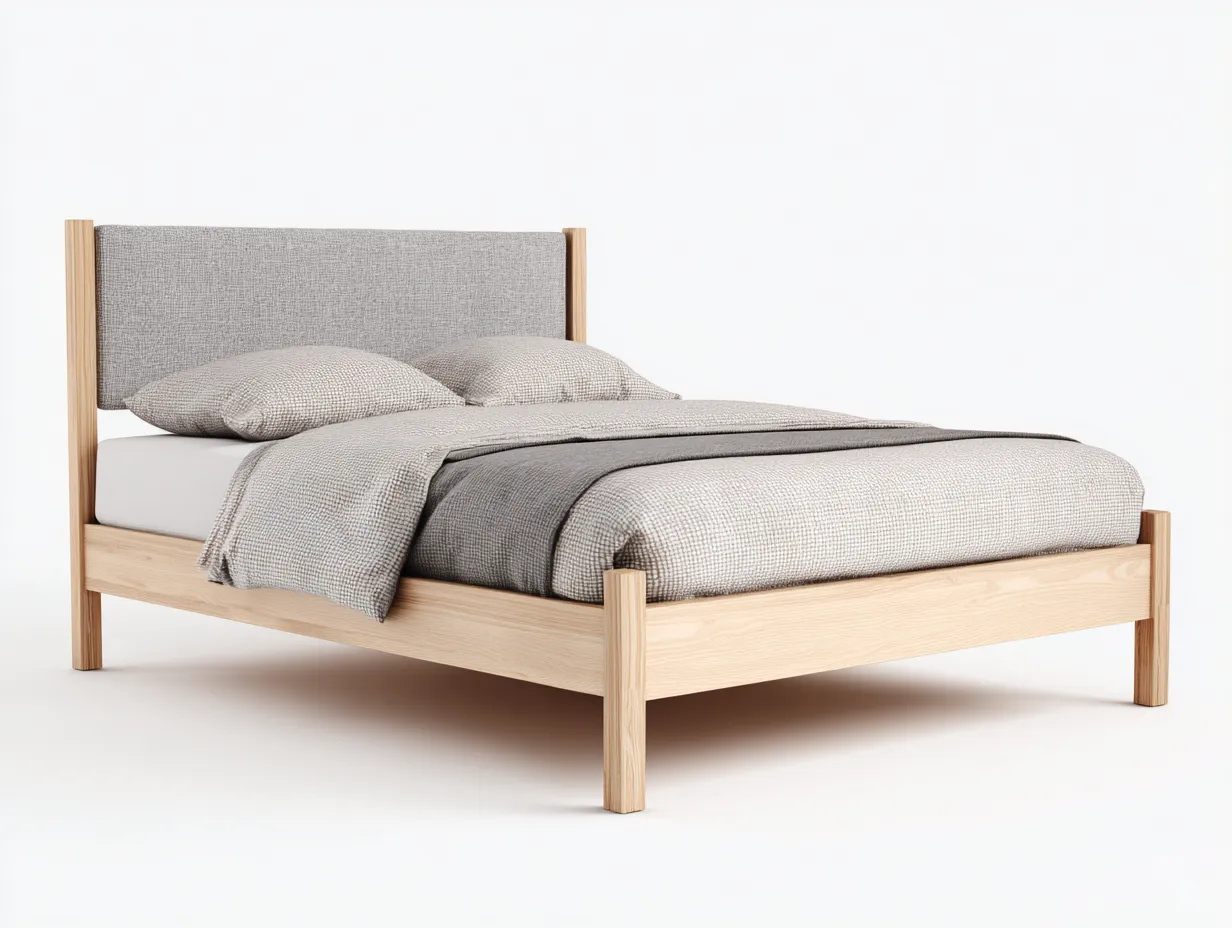 Cama doble de madera clara 206x166x96 cm - cabecero tapizado gris - estilo natural para dormitorio