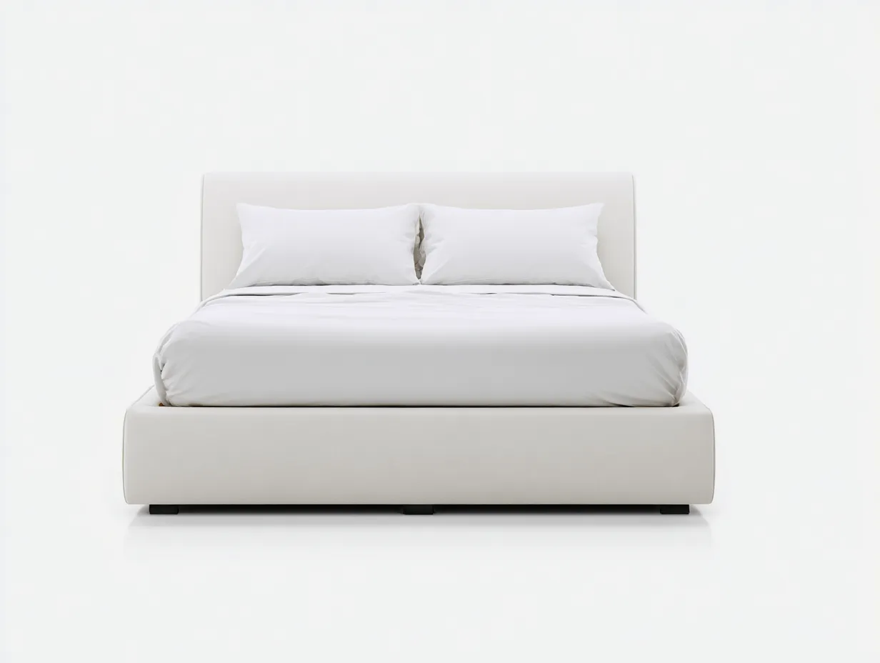 Cama doble tapizada 214x174x96 cm - beige claro con base baja - diseño minimalista para dormitorio