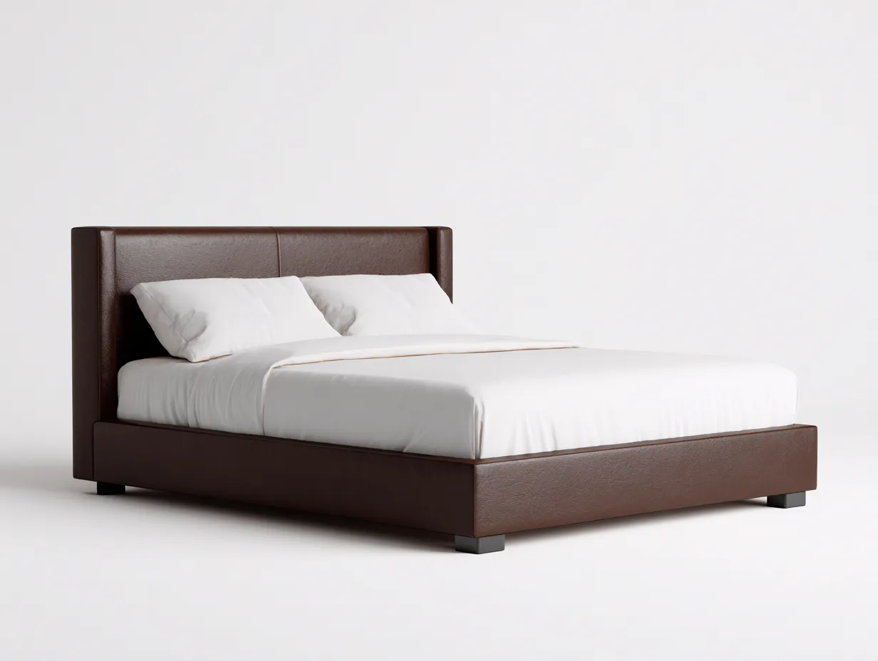 Cama doble tapizada 212x172x101 cm - marrón café efecto piel - base baja para dormitorio