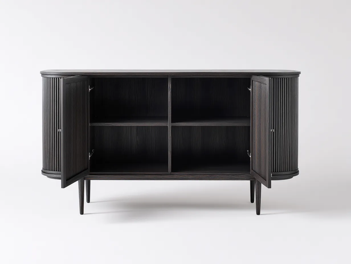Armario 160x42x82 cm - madera acanalada - negro - para salón - con 2 puertas y estante interior