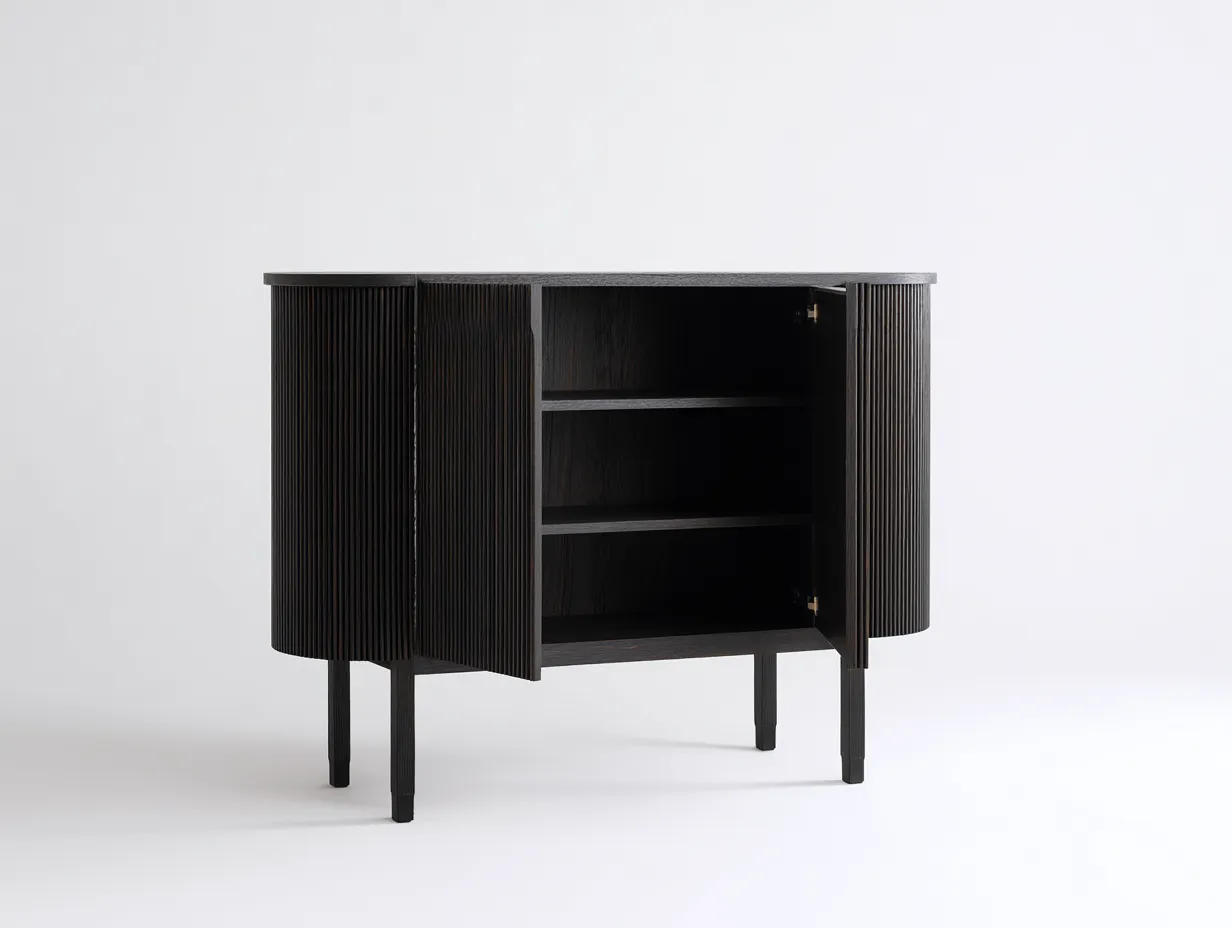 Armario 90x40x110 cm - madera acanalada - negro - para salón - con 2 puertas y diseño compacto