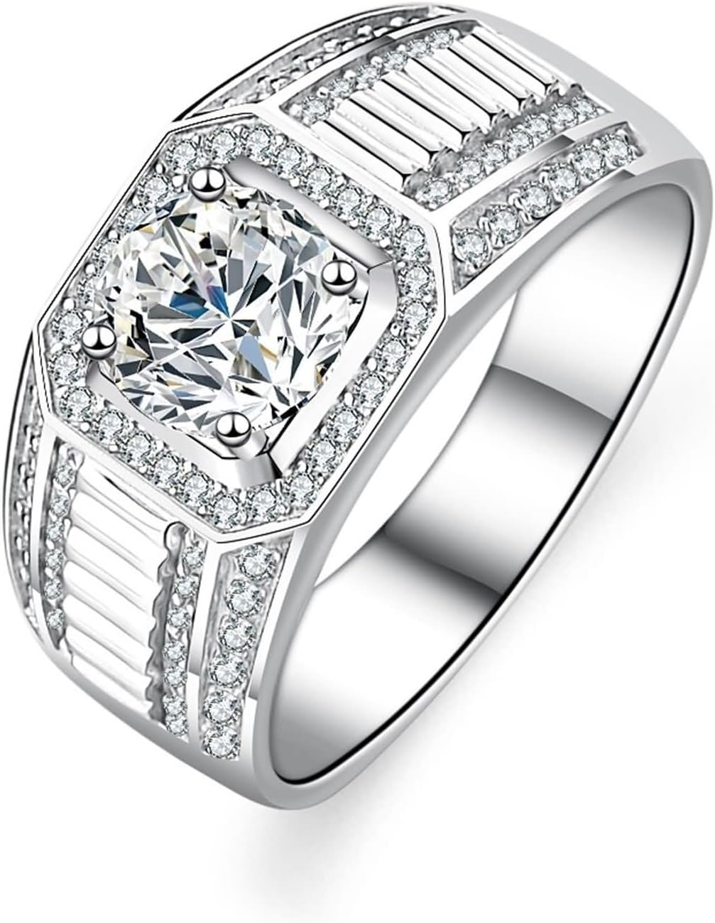Alianza estrecha para hombre - Oro blanco de 9 quilates - Moissanita redonda de 1 quilate - Talla 68 con diámetro interior de 21,6 mm-Cozygetbay