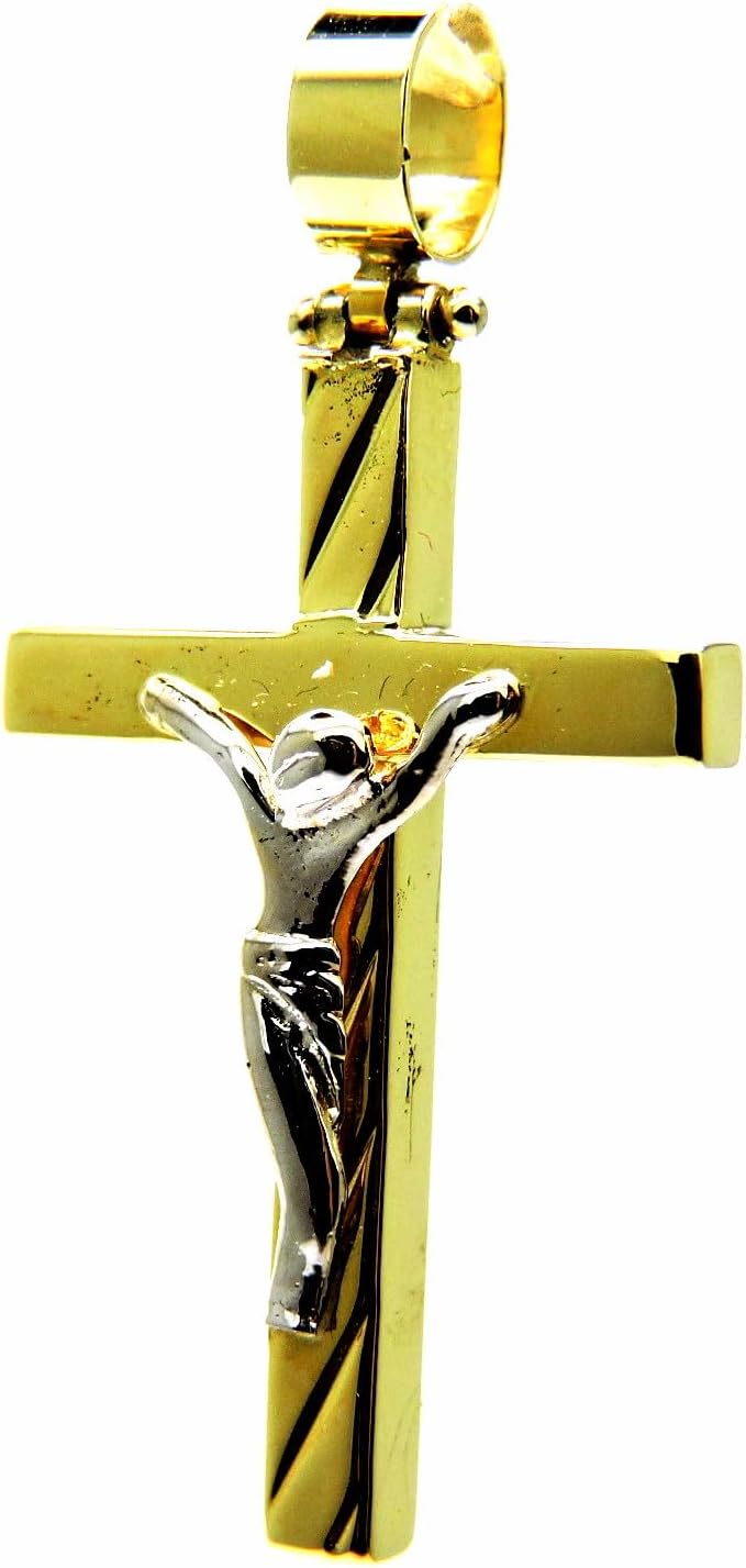 Colgante crucifijo clásico bicolor - Oro amarillo y blanco de 18 quilates - Altura de 36 mm - Joya unisex brillante con garantía y caja-Cozygetbay