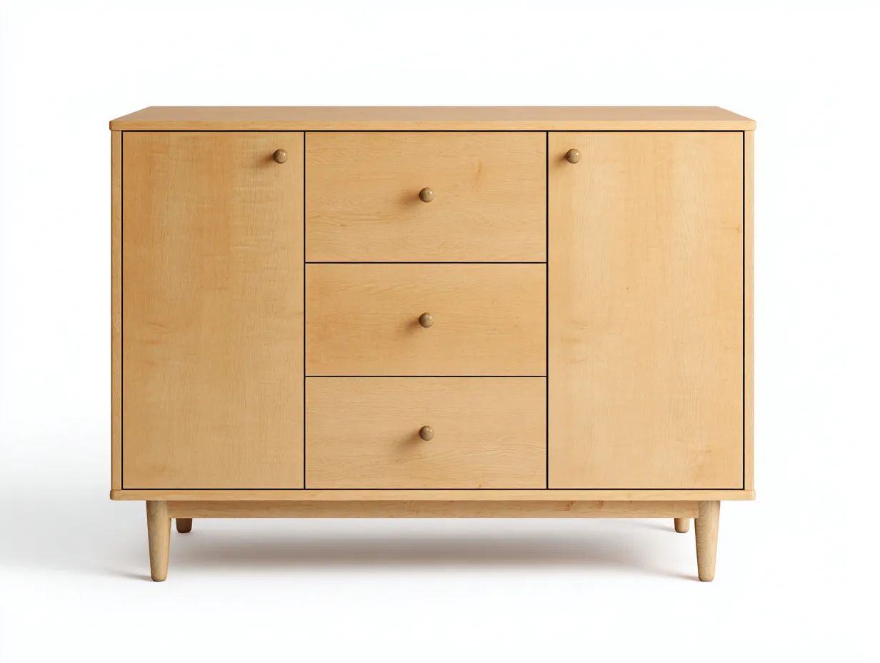 Armario 120x40x85 cm - madera - natural - para salón - con 2 puertas y 3 cajones estilo nórdico