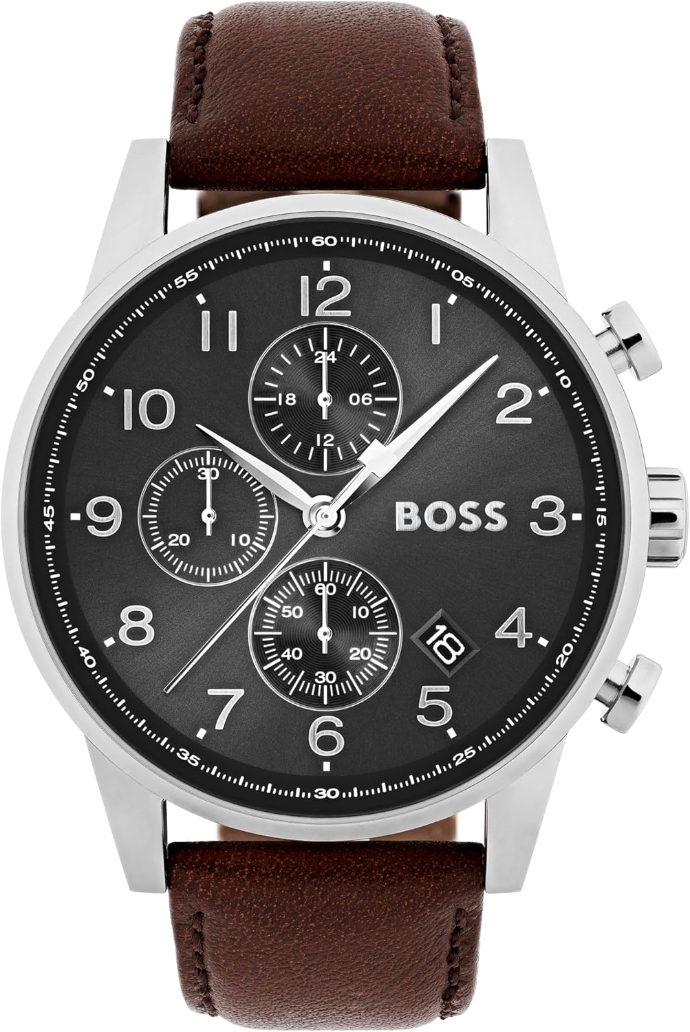 Reloj BOSS Navigator 1513494 para hombre - Cronógrafo de cuarzo suizo - Caja de acero inoxidable de 44 mm - Correa de cuero marrón y esfera gris-Cozygetbay