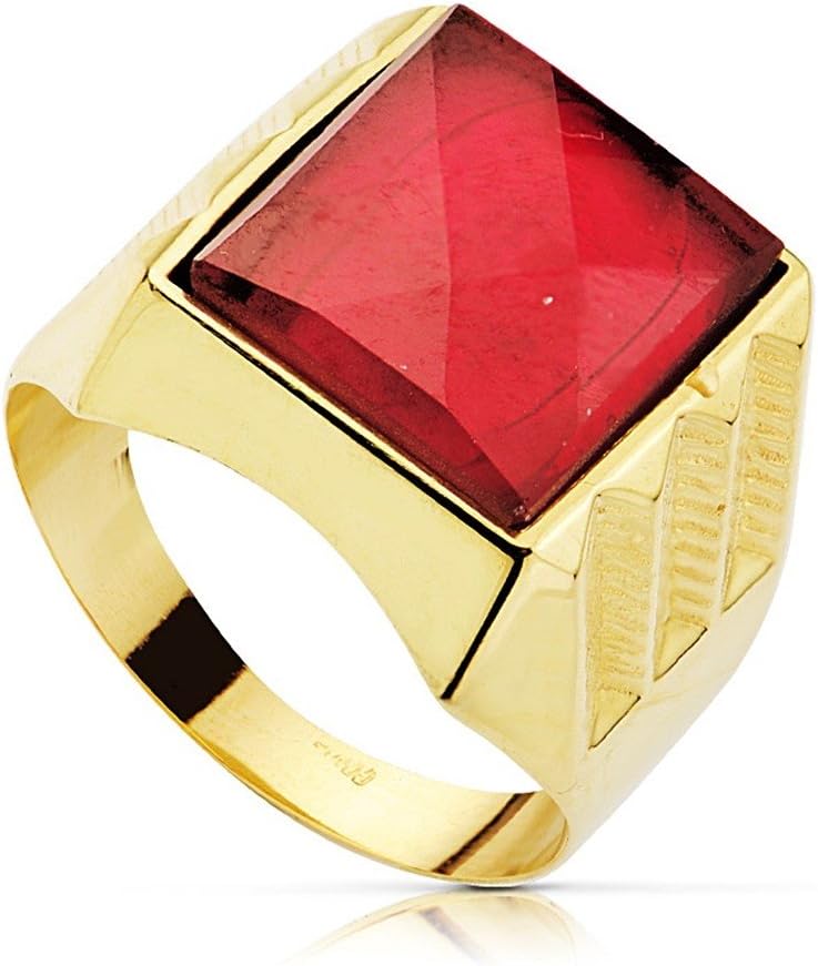 Anillo sello de oro amarillo de 18 quilates - Espinela roja central de 14 x 12 mm - Talla 20 - Joya masculina clásica AB2283-Cozygetbay