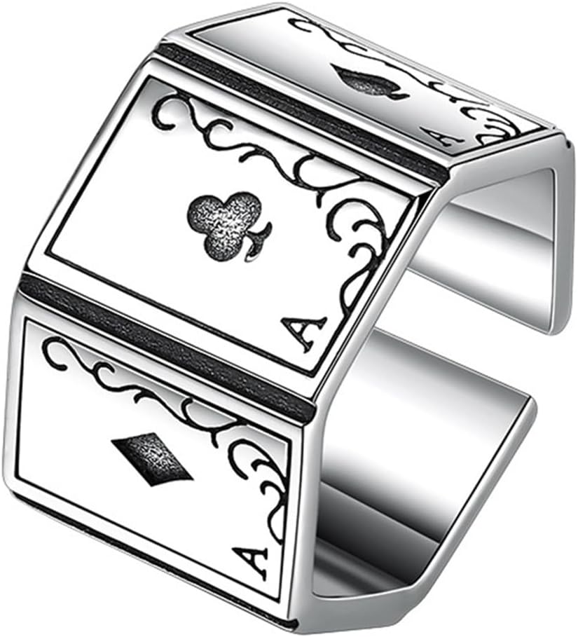 Anillo de póker unisex - Plata de ley S925 hipoalergénica - Diseño abierto y ajustable con naipes - Joya moderna para fiestas y uso diario-Cozygetbay