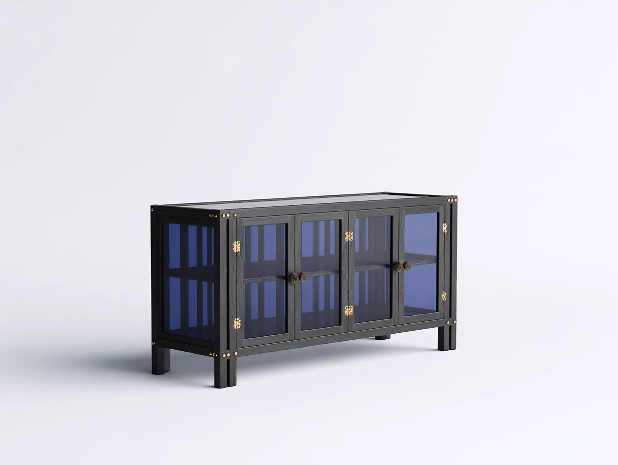 Armario 140x40x85 cm - madera y vidrio ahumado - negro - para salón - con 4 puertas acristaladas