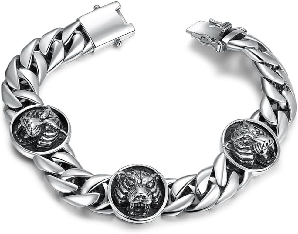 Pulsera LYGXWJFC de plata de ley S925 - Cabeza de tigre gótica para hombre - Diseño robusto de estilo punk - Joyería masculina plateada-Cozygetbay