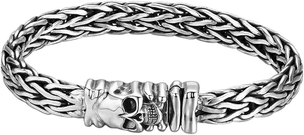 Pulsera LYGXWJFC de plata de ley S925 - Calavera trenzada para hombre - Diseño punk gótico - Joyería masculina plateada de estilo retro-Cozygetbay