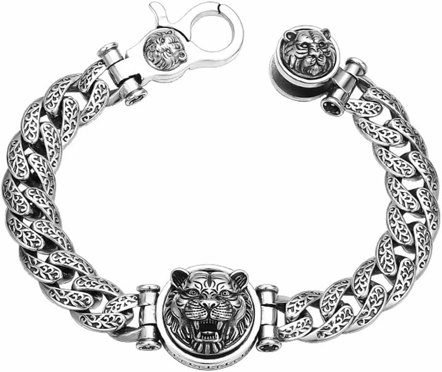 Pulsera LYGXWJFC de plata de ley S925 - Cabeza de tigre gótica para hombre - Diseño europeo y americano - Joyería masculina plateada-Cozygetbay