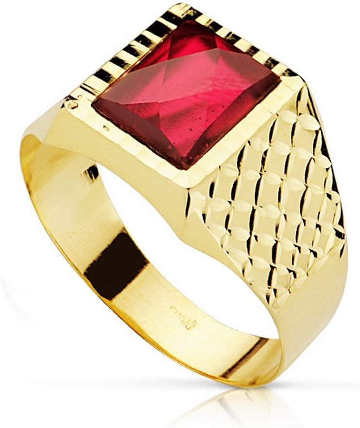 Anillo sello de oro amarillo de 18 quilates - Espinela roja cuadrada de 10 mm - Talla 19 - Joya masculina elegante AA2308-Cozygetbay