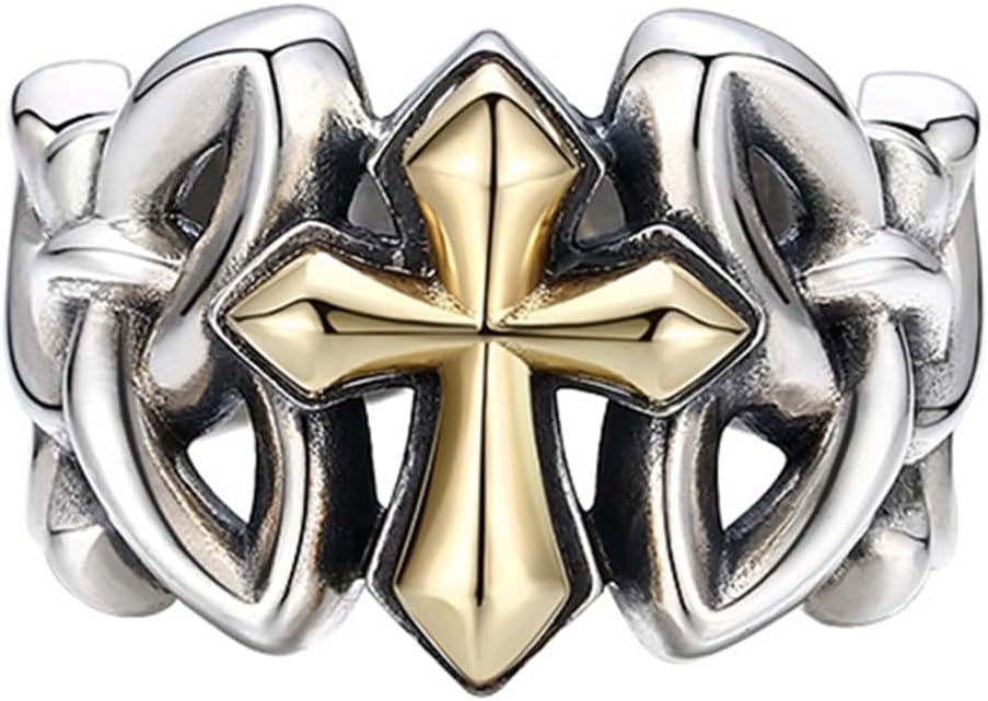 Anillo vintage con cruz católica - Plata de ley S925 para hombre - Diseño abierto ajustable - Joya religiosa para compromiso y uso diario-Cozygetbay