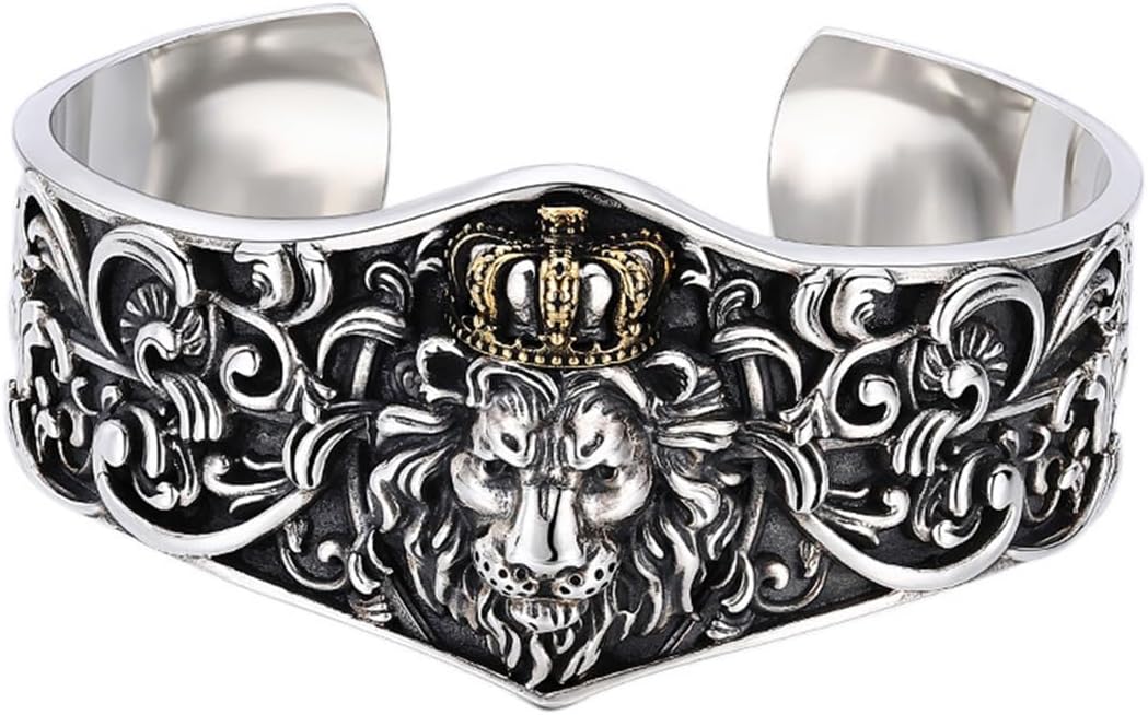 Pulsera LYGXWJFC de plata de ley S925 - León con corona de 33 mm - Brazalete ajustable con apertura - Diseño retro dominante para hombre-Cozygetbay