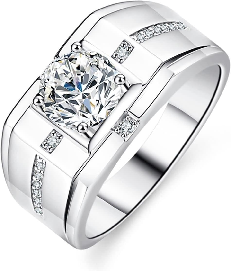 Anillo de compromiso para hombre - Oro blanco de 14 quilates - Moissanita central - Talla 65 con diámetro interior de 20,7 mm-Cozygetbay