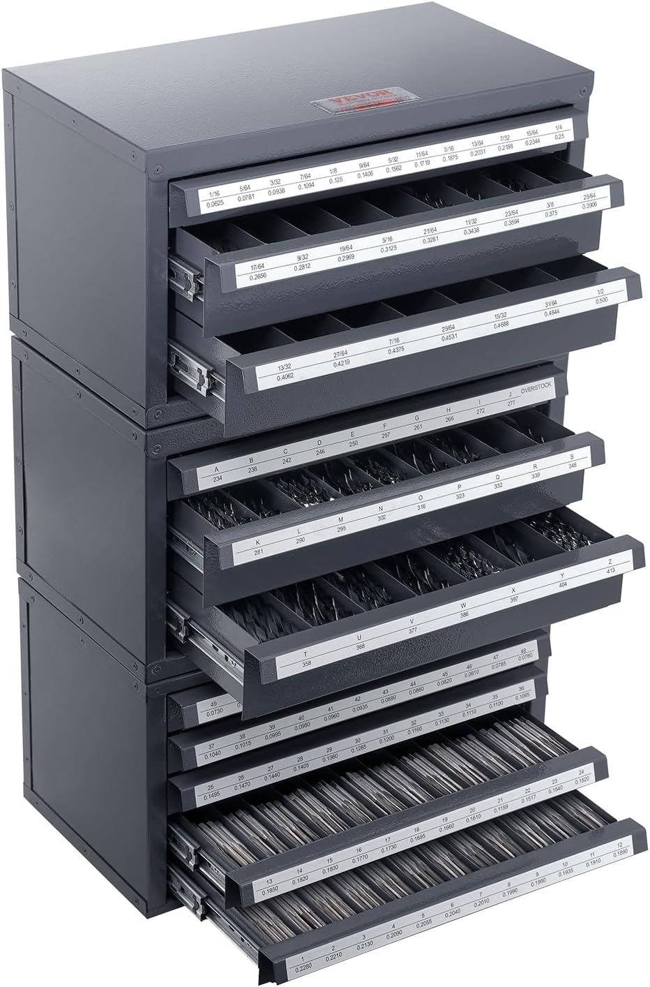 VEVOR dispensador brocas 3 piezas - 116 compartimentos gris Q235 - acero al carbono 37,6 x 20,1 x 20,1 cm - 15 cajones apilable-Cozygetbay