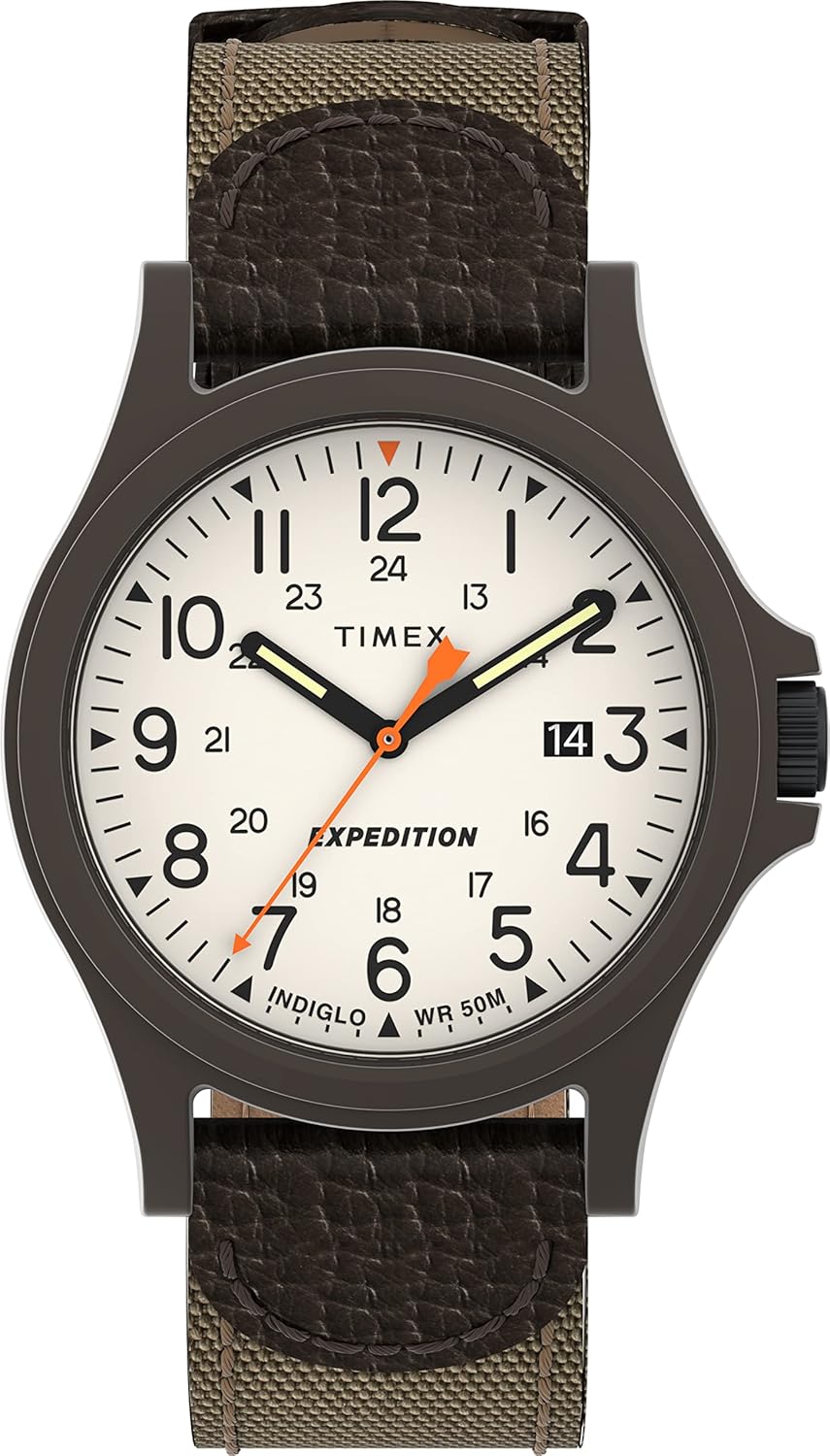 Reloj Timex TW4B237009J para hombre - Movimiento de cuarzo con fecha - Caja de resina de 40 mm - Esfera beige y correa textil marrón-Cozygetbay