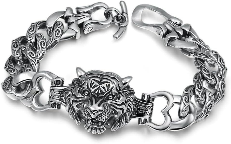 Pulsera LYGXWJFC de plata de ley S925 - Cabeza de tigre dominante para hombre - Diseño gótico personalizado - Accesorio masculino plateado-Cozygetbay