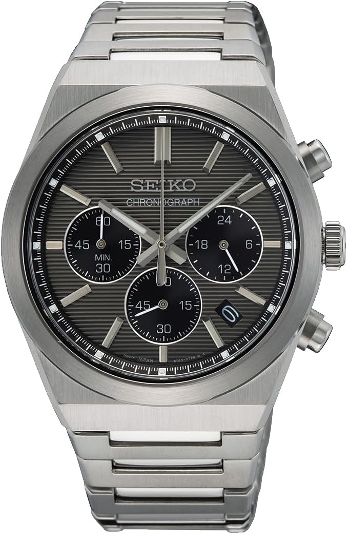 Reloj Seiko SSB455P1 para hombre - Cronógrafo de cuarzo con fecha - Caja de acero inoxidable de 43 mm - Cristal de zafiro y esfera gris-Cozygetbay