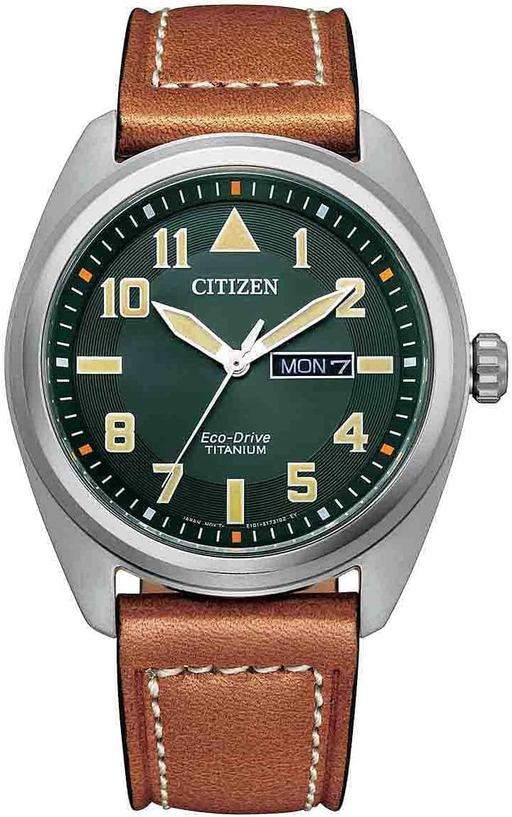 Reloj Citizen Eco Drive BM8560-11XC para hombre - Caja de titanio de 42 mm - Cristal de zafiro y esfera gris - Correa de cuero marrón con día y fecha-Cozygetbay
