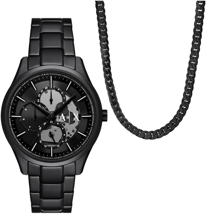 Reloj Armani Exchange AX7160SET para hombre - Movimiento multifunción de cuarzo - Caja de acero inoxidable de 42 mm - Esfera y brazalete negros-Cozygetbay