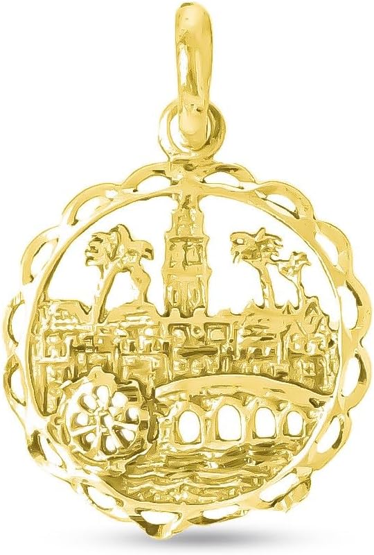 Colgante Albolafia de Córdoba - Oro amarillo macizo de 18 quilates - Escudo de 21 mm con Puente Romano - Joya histórica unisex con estuche-Cozygetbay