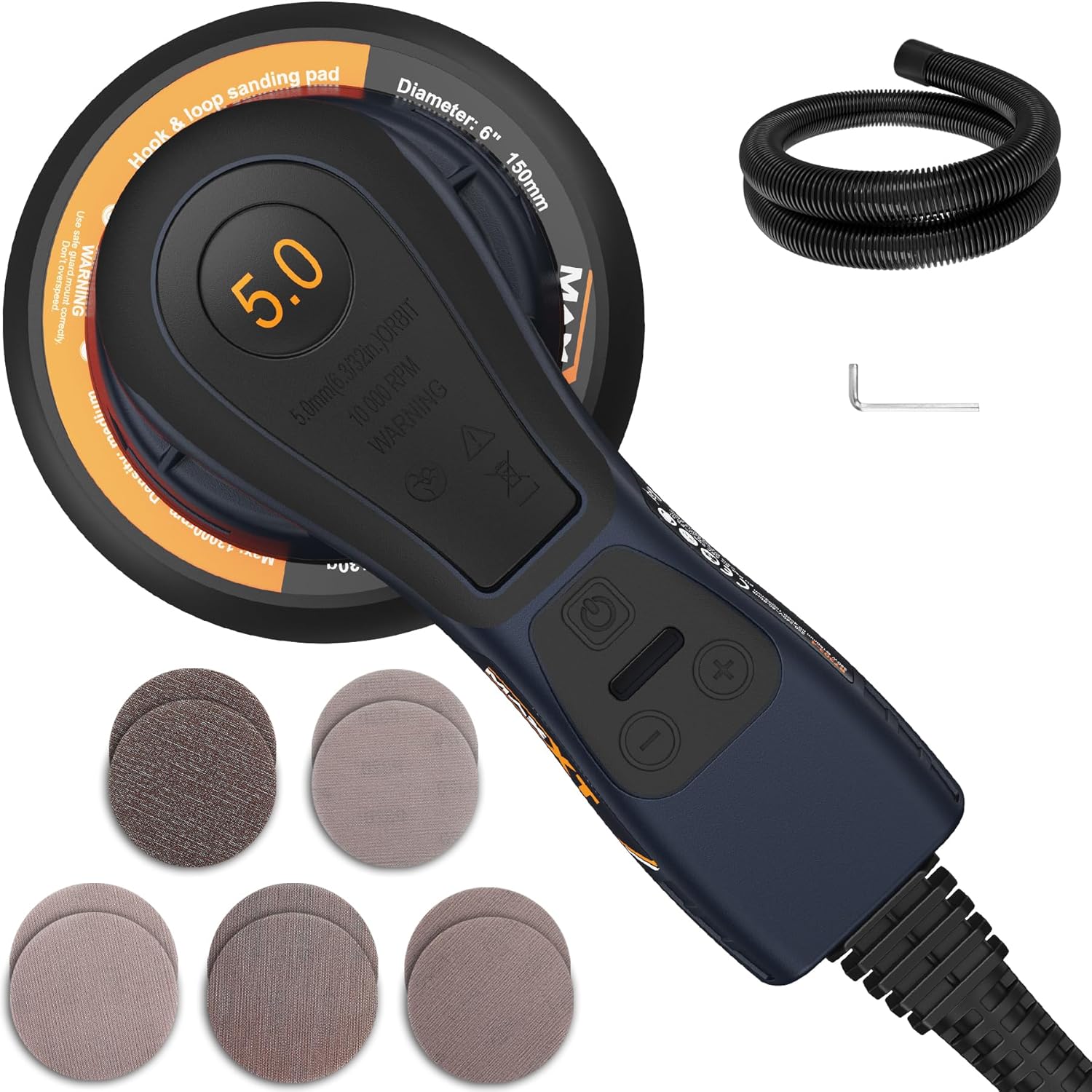 Lijadora excéntrica MAXXT de 230 V - Órbita de 5,0 mm y velocidad variable hasta 4000 RPM - Motor sin escobillas - Diez discos abrasivos de grano 120-Cozygetbay