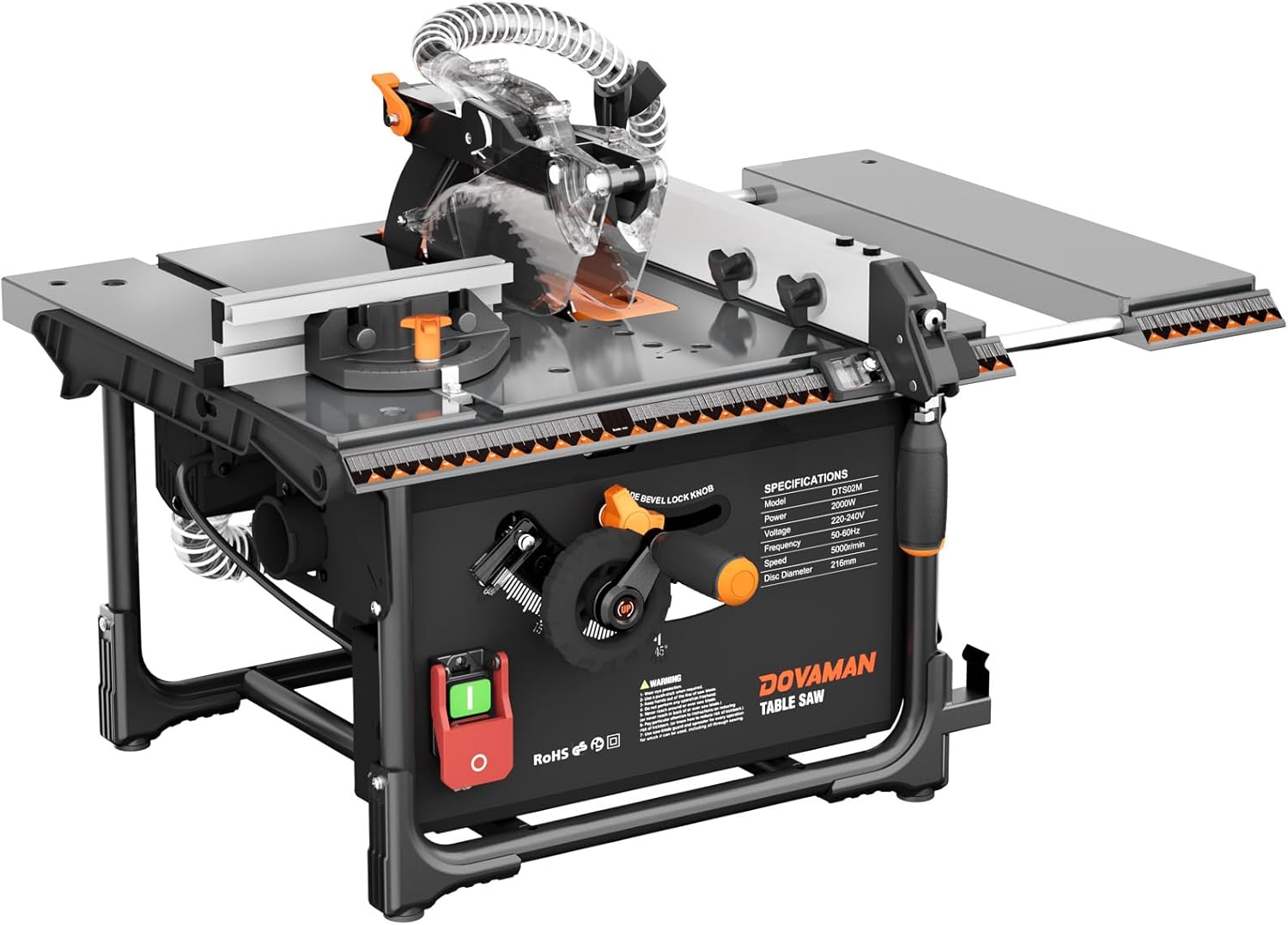 Sierra de mesa DOVAMAN DTS02M de 2000 W - Disco de carburo de 216 mm - Corte de 60 mm a 90 grados y 40 mm a 45 grados - Recogida de polvo de alta eficiencia-Cozygetbay