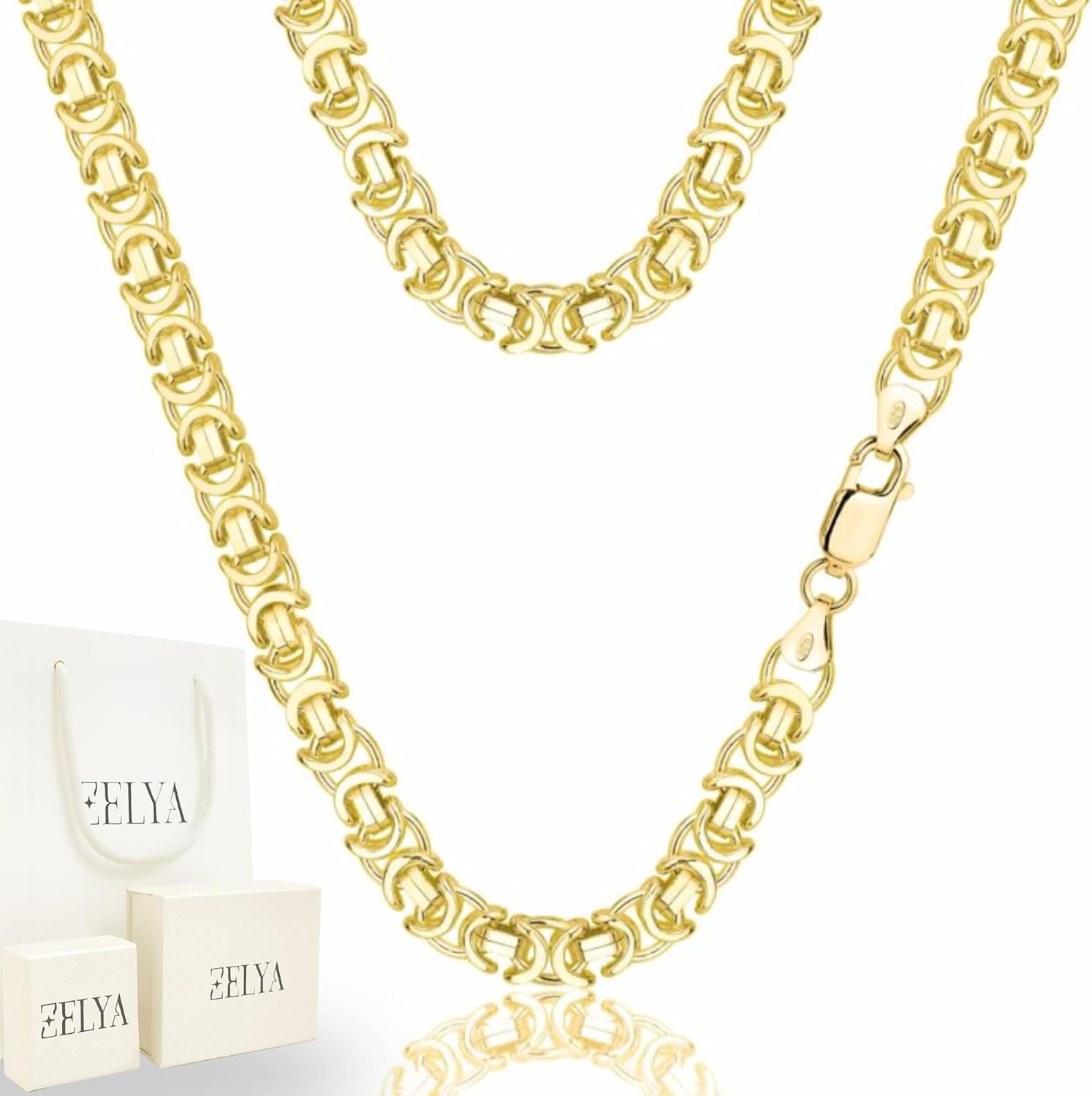 Cadena etrusca ZELYA de oro 585 para hombre - Plata de ley 925 maciza chapada - Ancho de 5 mm y largo de 50 cm - Caja y bolsa de regalo-Cozygetbay