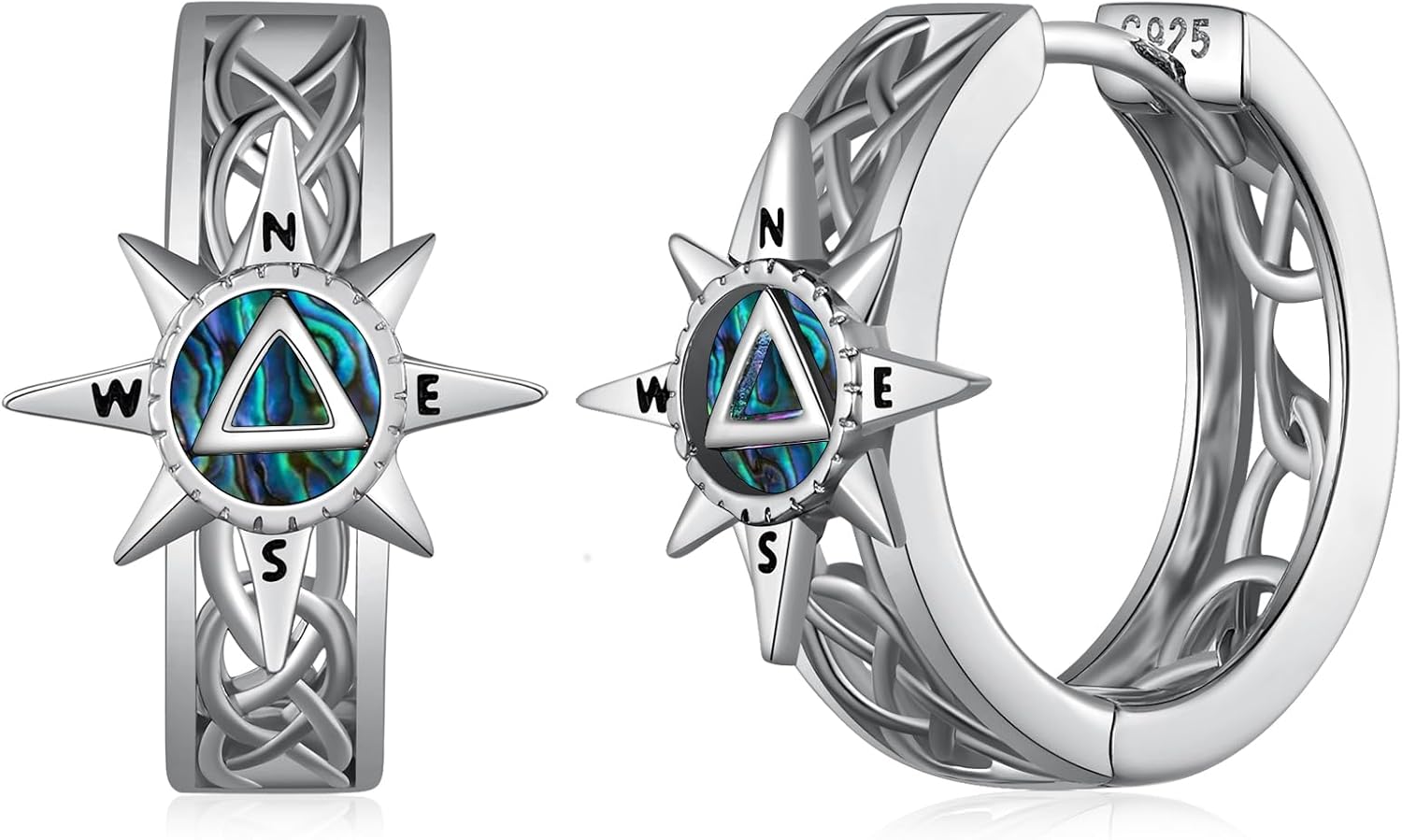 Pendientes aro hombre brújula sobriedad - plata de ley 925 color negro 20 x 17 mm - diseño vikingo sin níquel ni plomo - regalo motivador-Cozygetbay