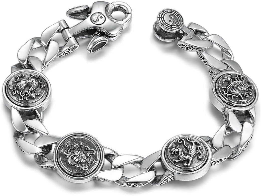 Pulsera LYGXWJFC de plata de ley S925 - Cuatro bestias míticas para hombre - Largo de 18 cm - Diseño personalizado en acabado plateado-Cozygetbay