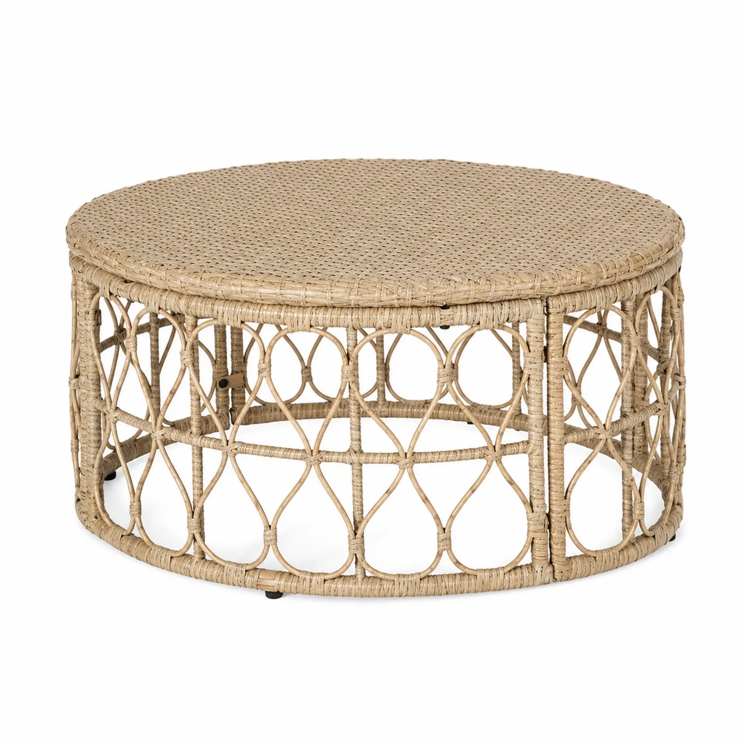 Mesa de Centro Redonda de Ratán Sintético y Acero Beige-Fjordlivingco