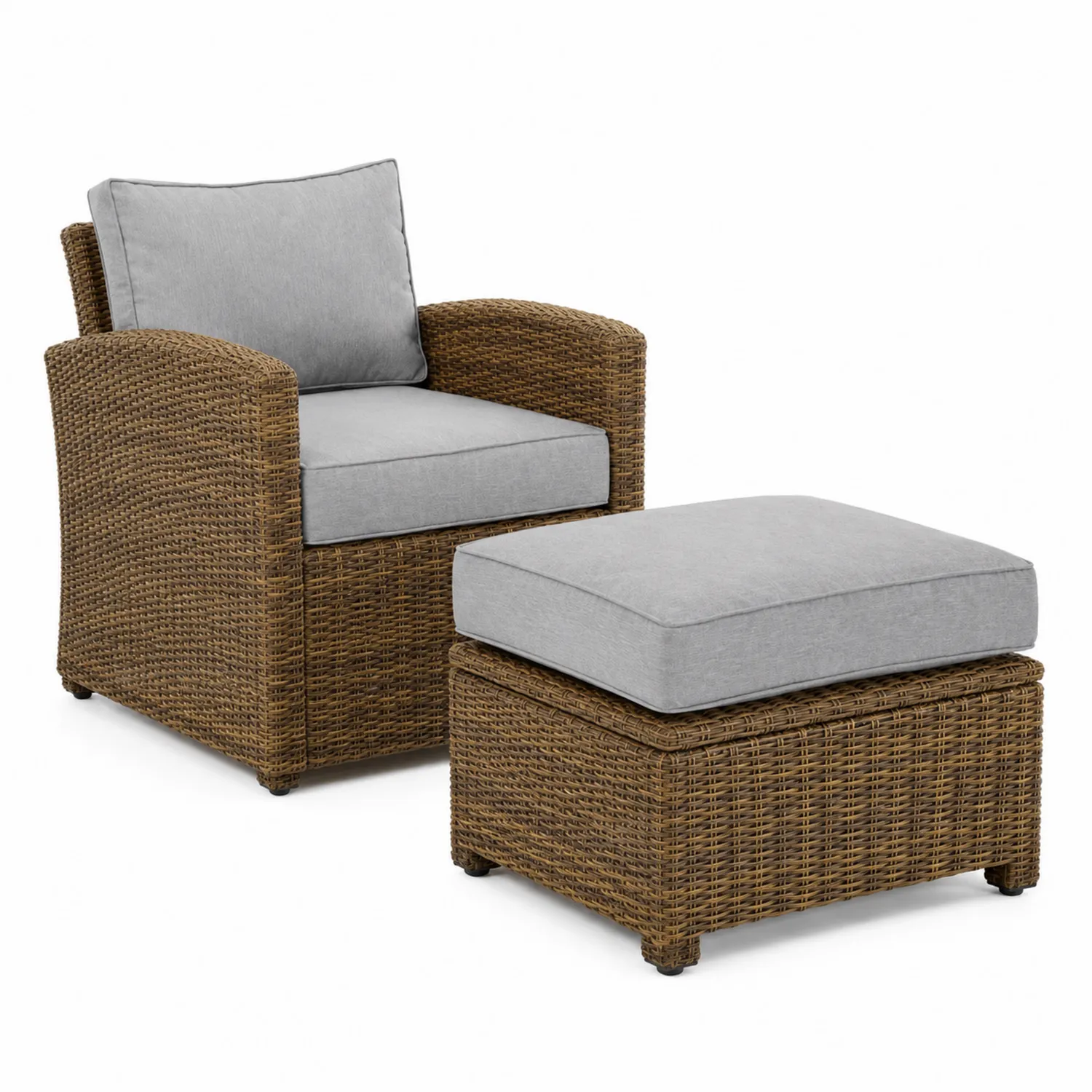 Sillón de ratán sintético y reposapiés con cojines grises-Fjordlivingco