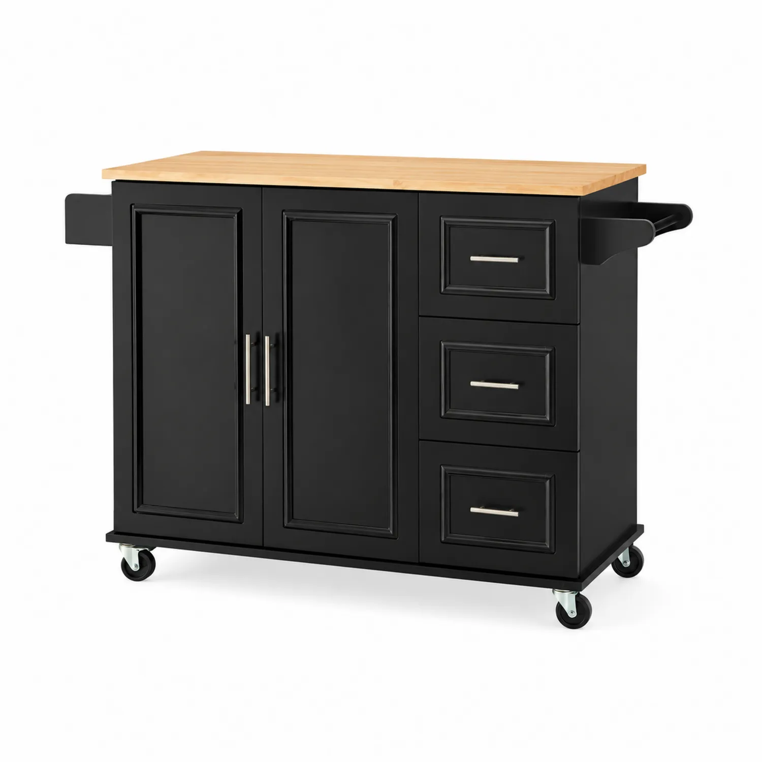 Carrito de cocina negro con encimera de madera y ruedas-Fjordlivingco