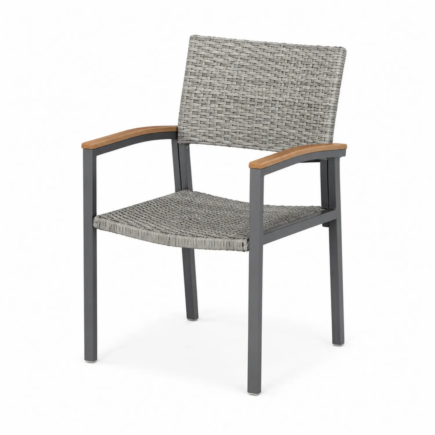 Silla de jardín de mimbre sintético gris con estructura de metal y apoyabrazos de madera-Fjordlivingco