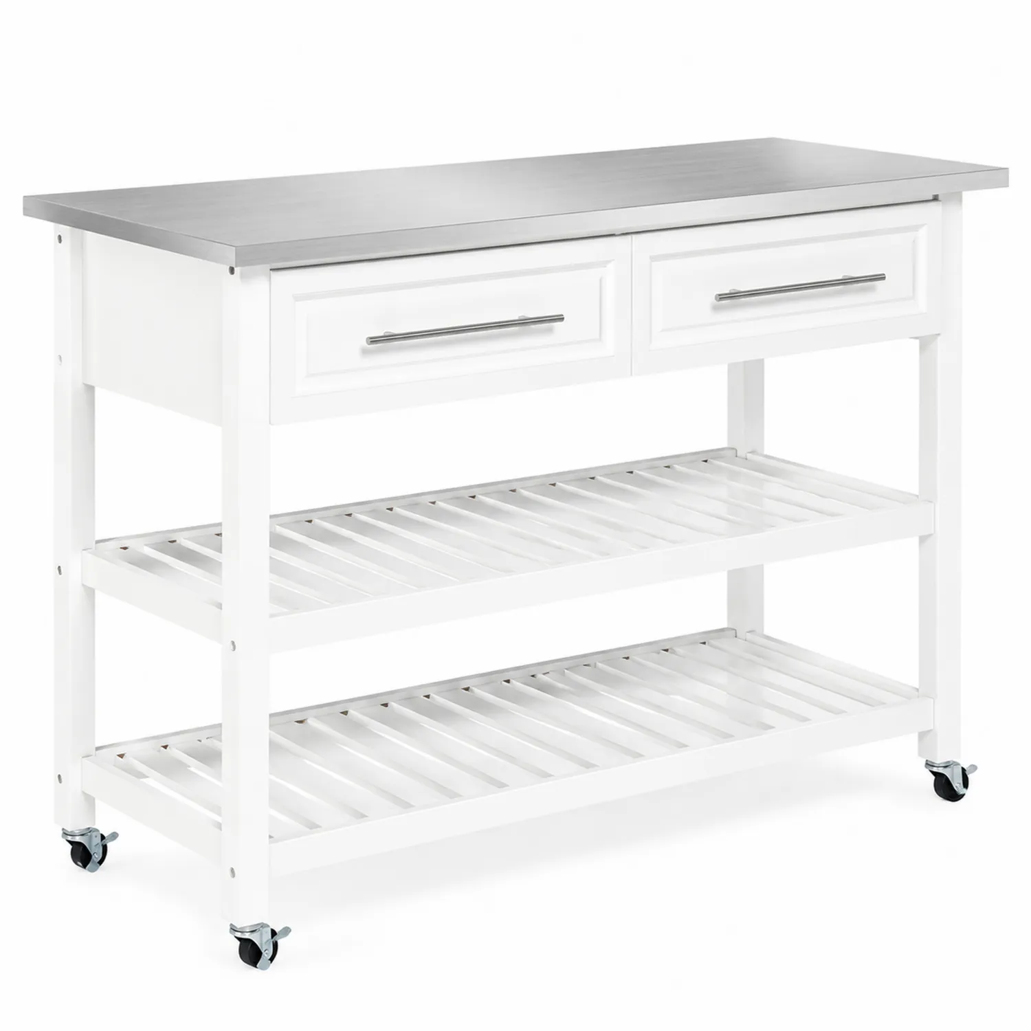 Carrito de Cocina con Encimera de Acero Inoxidable y Estantes Blancos-Fjordlivingco