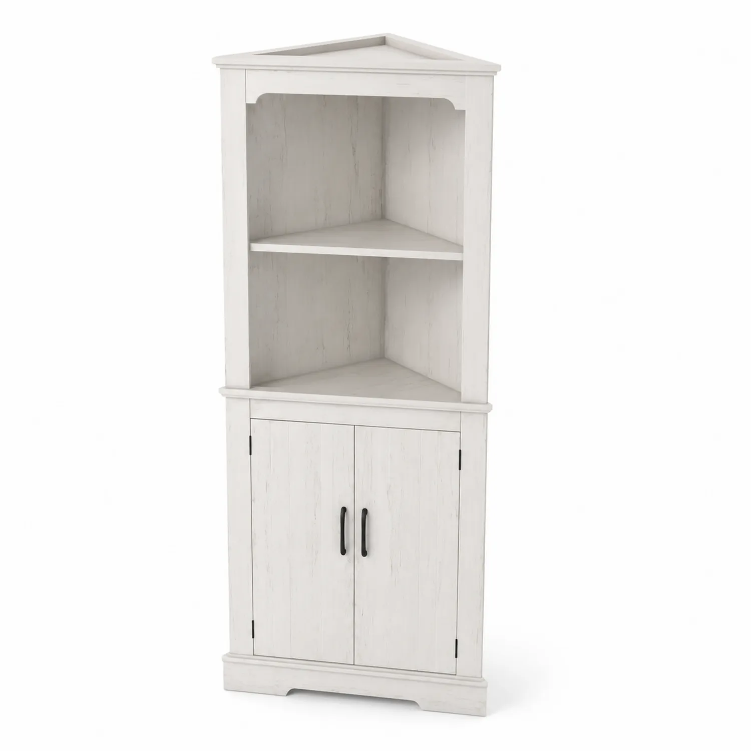 Estantería esquinera de madera contrachapada blanca con puertas-Fjordlivingco
