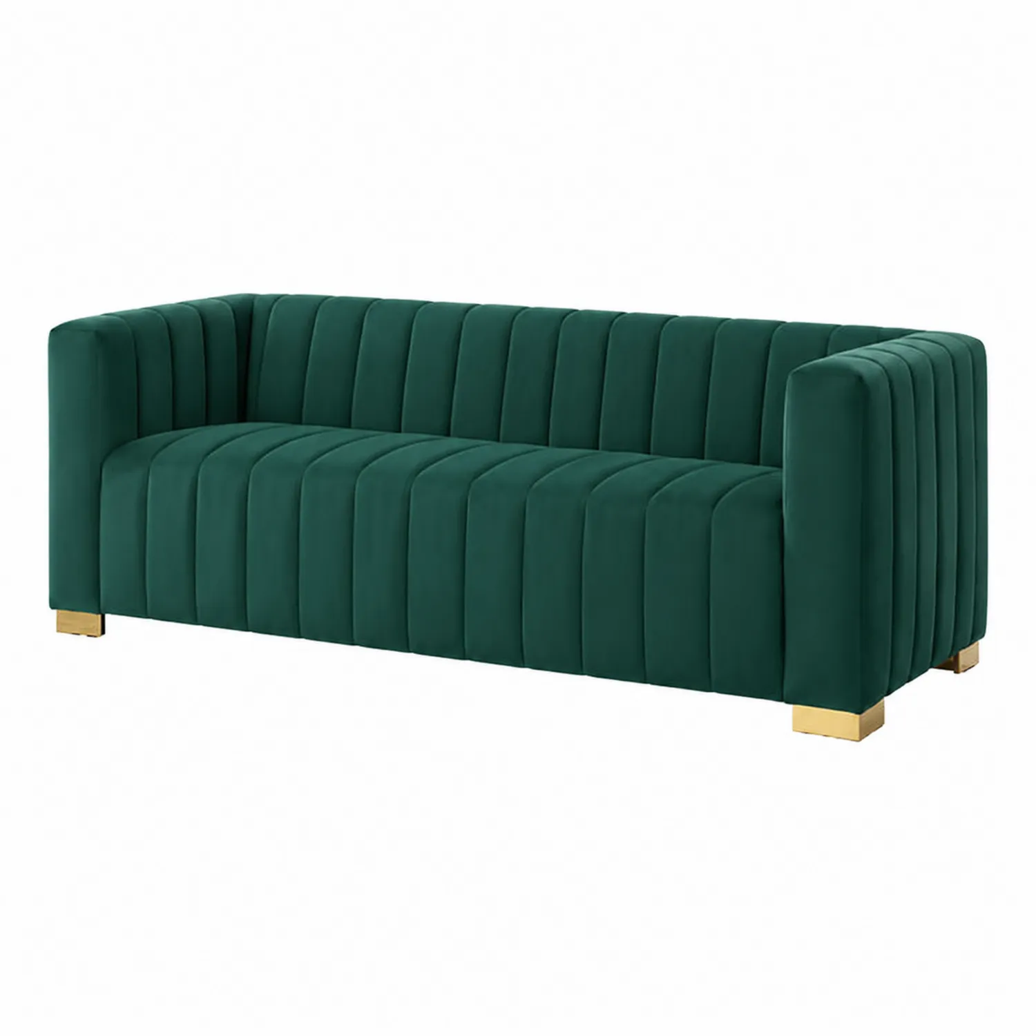 Sofá de 3 plazas de terciopelo verde con patas metálicas doradas-Fjordlivingco