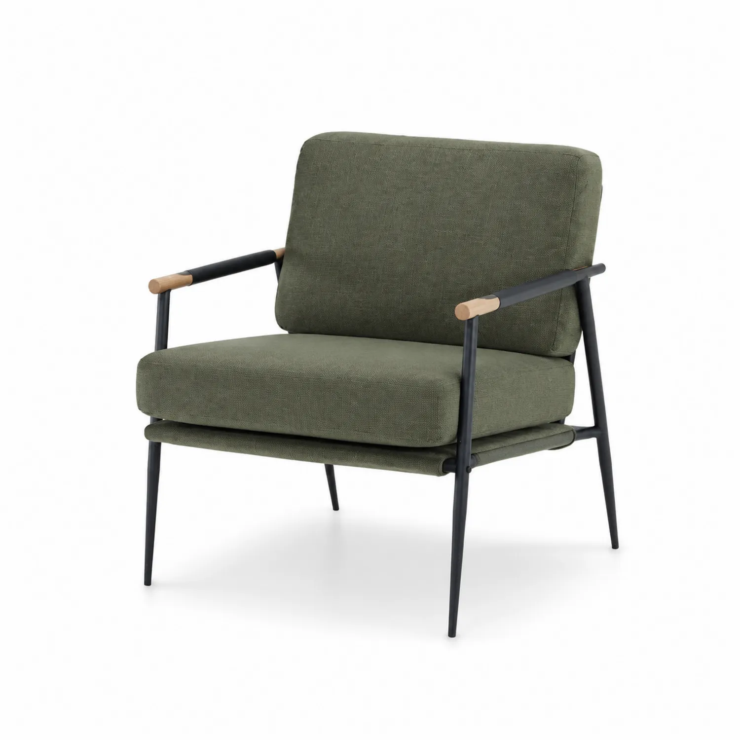 Silla moderna con tapizado verde, patas metálicas y brazos de madera-Fjordlivingco