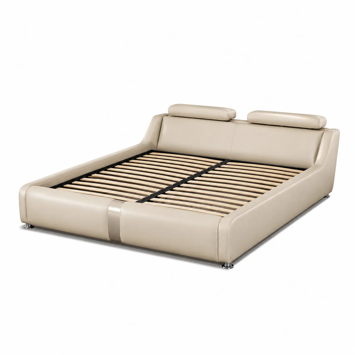 Cama doble de piel sintética beige con cabecero ajustable 200x160 cm-Fjordlivingco