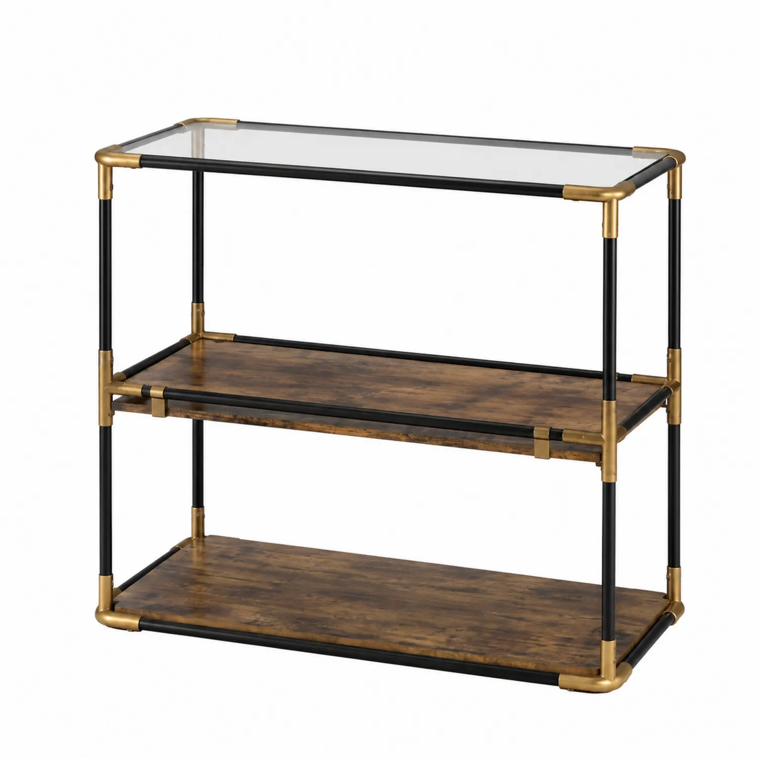 Consola de Vidrio y Metal con Estantes de Madera-Fjordlivingco