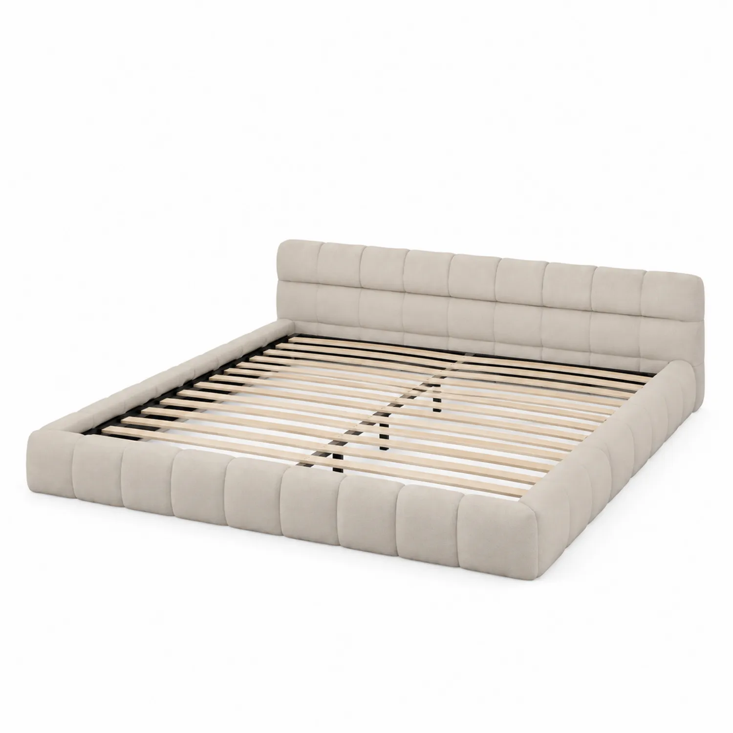 Cama tapizada de poliéster beige 200x160 cm con estructura de pino-Fjordlivingco
