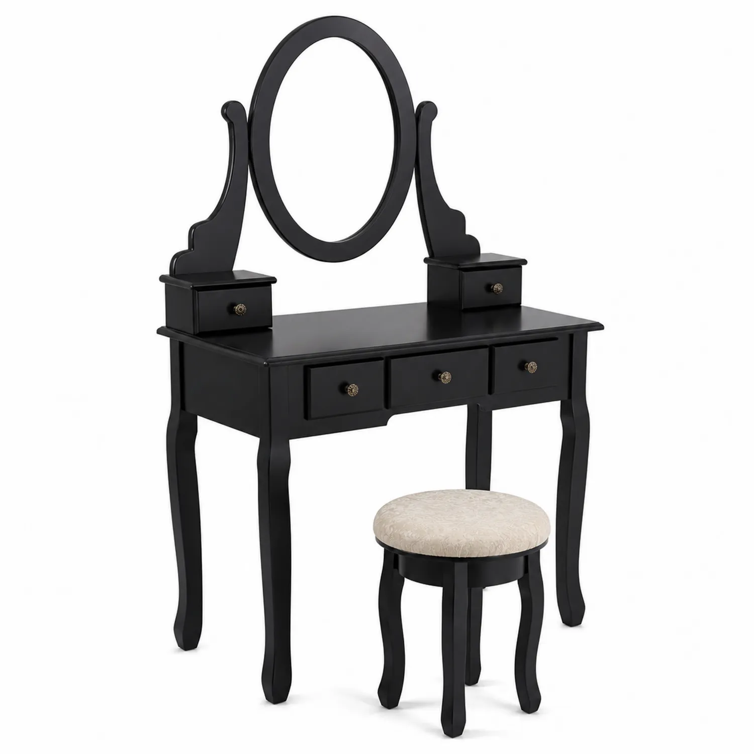 Tocador de Madera con Espejo Ovalado y Taburete Negro-Fjordlivingco